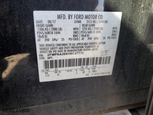 2017 Ford Edge SEL with VIN 2FMPK4J9XHBC47710, listed as a Copart auction lot 54340715 with 140,728 mi miles and Clean Title. Bid and sale history available at carsss.com. Image 13.