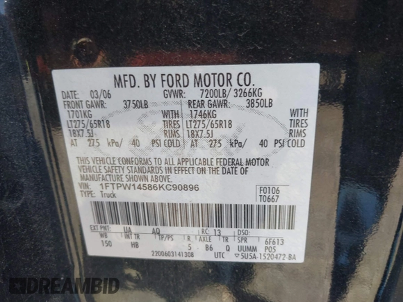 2006 Ford F-150 XLT with VIN 1FTPW14586KC90896, listed as a IAAI auction lot 41910761 with 115,657 mi miles. Bid and sale history available at carsss.com. Image 9.