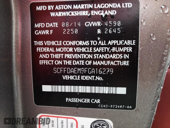 2015 Aston Martin DB9 z VIN SCFFDAEM9FGA16279, wystawiony jako Copart lot #81886554 z przebiegiem 25 029 mil mil oraz Szkoda całkowita • Salvage title. Historia ofert i sprzedaży dostępna na DreamBid. Obrazek 12.