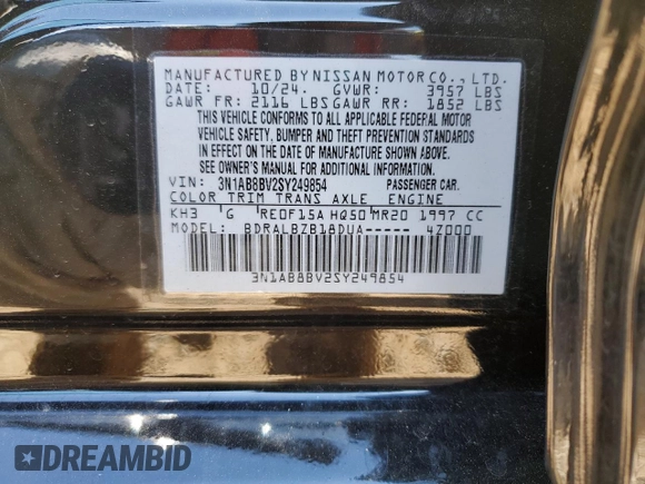 2025 Nissan Sentra S with VIN 3N1AB8BV2SY249854, listed as a Copart auction lot 45282355 with 4,124 mi miles and Salvage Title. Bid and sale history available at DreamBid. Image 14.