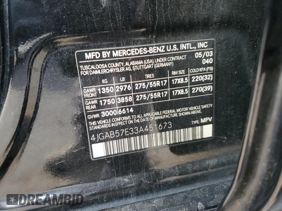 2003 Mercedes-Benz M-Class 3.7L with VIN 4JGAB57E33A451673, listed as a Copart auction lot 81540104 with 227,065 mi miles and Salvage Title. Bid and sale history available at carsss.com. Image 13.