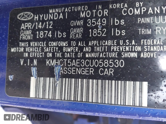 2012 Hyundai Accent GS with VIN KMHCT5AE3CU058530, listed as a IAAI auction lot 42190659 with 166,968 mi miles and . Bid and sale history available at DreamBid. Image 9.