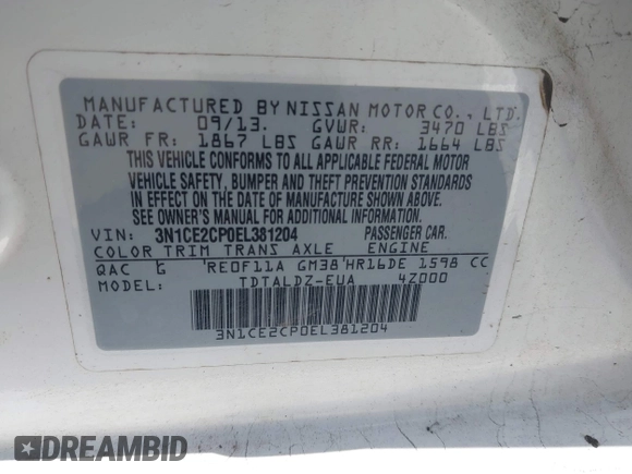 2014 Nissan Note SV with VIN 3N1CE2CP0EL381204, listed as a IAAI auction lot 41995952 with 88,890 mi miles and . Bid and sale history available at DreamBid. Image 9.