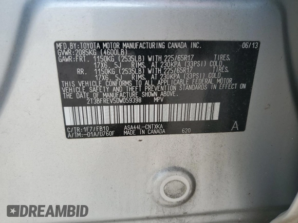 2013 Toyota RAV4 LE with VIN 2T3BFREV5DW059398, listed as a Copart auction lot 57260185 with 44,885 mi miles and Clean title. Bid and sale history available at DreamBid. Image 14.