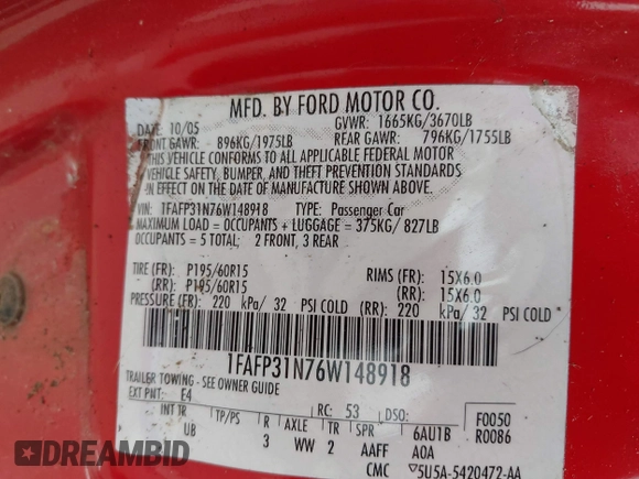 2006 Ford Focus S with VIN 1FAFP31N76W148918, listed as a IAAI auction lot 42445869 with 84,567 mi miles and . Bid and sale history available at DreamBid. Image 9.