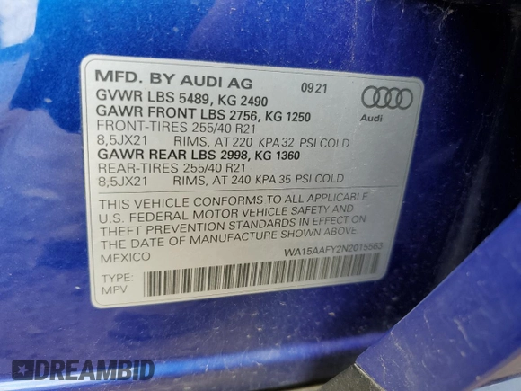 2022 Audi Q5 Sportback S line Premium Plus with VIN WA15AAFY2N2015563, listed as a Copart auction lot 61408015 with 43,561 mi miles and Salvage title. Bid and sale history available at DreamBid. Image 12.