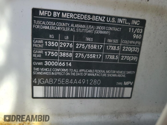 2004 Mercedes-Benz M-Class with VIN 4JGAB75E84A491280, listed as a Copart auction lot 48494035 with 61,843 mi miles and Salvage Title. Bid and sale history available at carsss.com. Image 13.