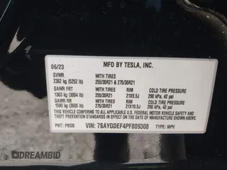 2023 Tesla Model Y Performance with VIN 7SAYGDEF4PF809308, listed as a IAAI auction lot 42056769 with 12,101 mi miles and . Bid and sale history available at DreamBid. Image 8.