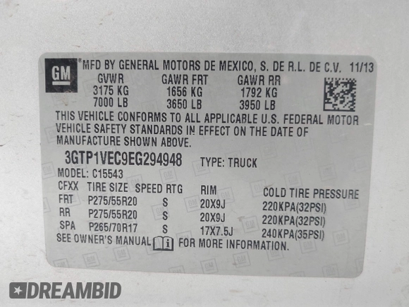 2014 GMC Sierra 1500 SLT with VIN 3GTP1VEC9EG294948, listed as a IAAI auction lot 42374611 with 107,337 mi miles and . Bid and sale history available at DreamBid. Image 9.
