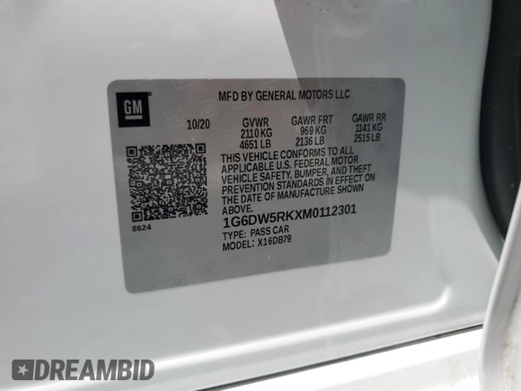 2021 Cadillac CT5 Luxury with VIN 1G6DW5RKXM0112301, listed as a Copart auction lot 52497035 with 69,261 mi miles and Salvage title. Bid and sale history available at DreamBid. Image 13.