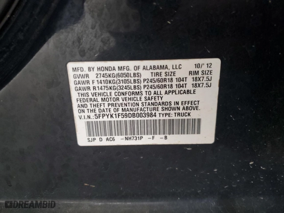 2013 Honda Ridgeline RTL with VIN 5FPYK1F59DB003984, listed as a Copart auction lot 69279944 with 237,917 mi miles and Salvage Title. Bid and sale history available at carsss.com. Image 12.