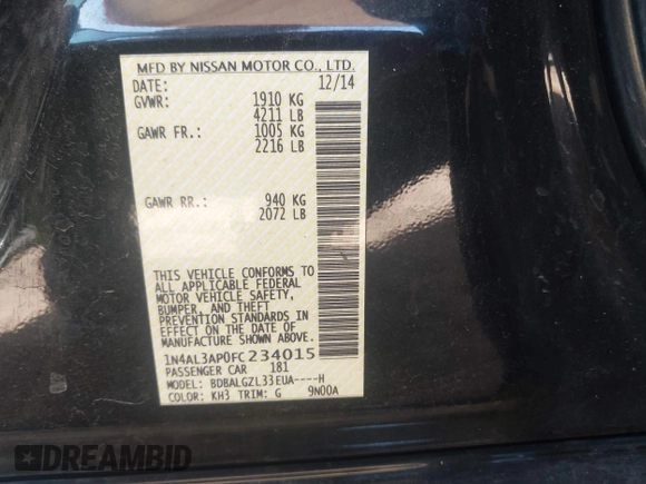 2015 Nissan Altima SV with VIN 1N4AL3AP0FC234015, listed as a IAAI auction lot 42020281 with 247,865 mi miles and . Bid and sale history available at DreamBid. Image 9.