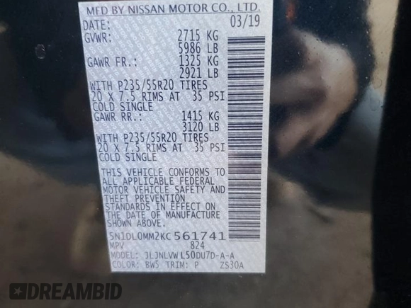 2019 Infiniti QX60 Pure z VIN 5N1DL0MM2KC561741, wystawiony jako Copart lot #53581405 z przebiegiem 80 366 mil mil oraz Szkoda całkowita • Salvage title. Historia ofert i sprzedaży dostępna na DreamBid. Obrazek 13.