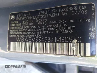 2003 BMW 3 Series 330i with VIN WBAEV53493KM30960, listed as a IAAI auction lot 41420568 with 192,456 mi miles. Bid and sale history available at carsss.com. Image 9.