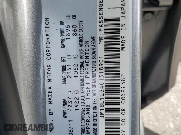 2012 Mazda 3 Mazdaspeed3 Touring with VIN JM1BL1L34C1518901, listed as a Copart auction lot 41513275 with Not Provided miles and Salvage Title. Bid and sale history available at DreamBid. Image 16.