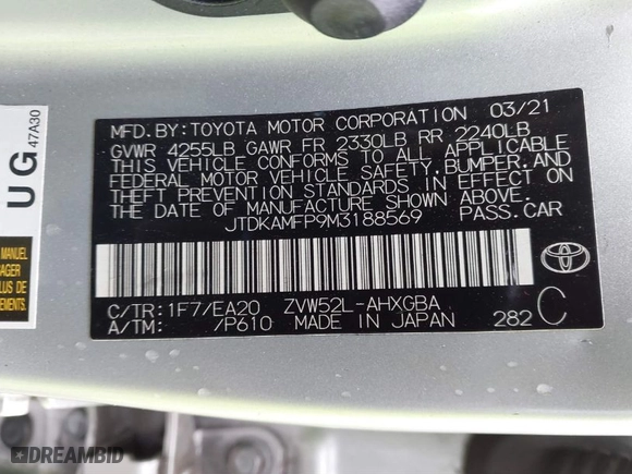 2021 Toyota Prius Prime LE with VIN JTDKAMFP9M3188569, listed as a IAAI auction lot 41712793 with 144,722 mi miles. Bid and sale history available at carsss.com. Image 9.