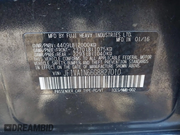 2016 Subaru WRX Limited with VIN JF1VA1N66G8827010, listed as a IAAI auction lot 41074219 with 69,919 mi miles. Bid and sale history available at carsss.com. Image 9.