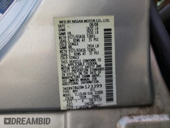 2008 Nissan Quest S z VIN 5N1BV28U28N123399, wystawiony jako Copart lot #54991765 z przebiegiem 136 628 mil mil oraz Szkoda całkowita • Salvage title. Historia ofert i sprzedaży dostępna na DreamBid. Obrazek 13.
