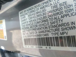 2022 Honda Pilot Touring 7-Passenger with VIN 5FNYF6H60NB013465, listed as a IAAI auction lot 40139627 with 78,161 mi miles. Bid and sale history available at carsss.com. Image 9.