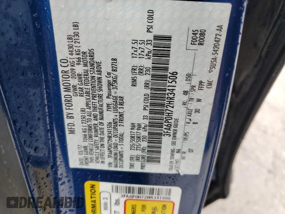 2017 Ford Fusion SE with VIN 3FA6P0H72HR341506, listed as a Copart auction lot 53619855 with 66,866 mi miles and Salvage Title. Bid and sale history available at carsss.com. Image 12.