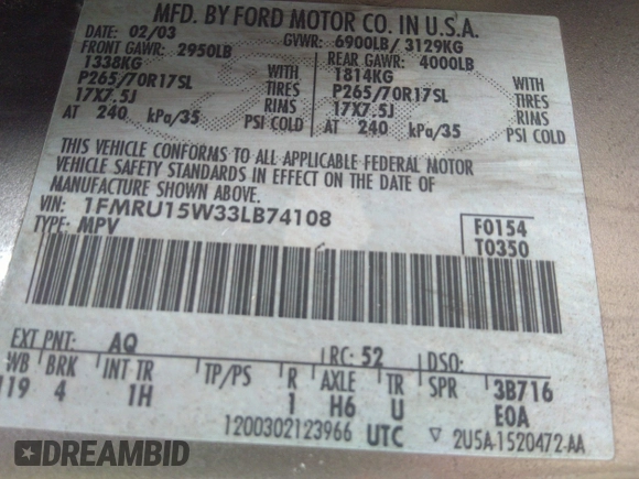 2003 Ford Expedition Special Service with VIN 1FMRU15W33LB74108, listed as a IAAI auction lot 42337025 with 315,691 mi miles and . Bid and sale history available at DreamBid. Image 9.