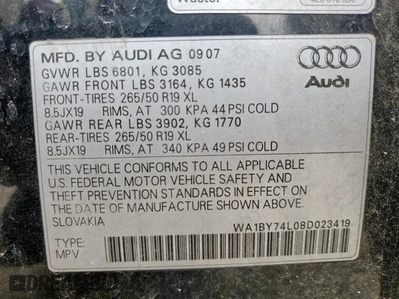 2008 Audi Q7 Premium with VIN WA1BY74L08D023419, listed as a Copart auction lot 57443265 with 204,142 mi miles and Salvage title. Bid and sale history available at DreamBid. Image 13.