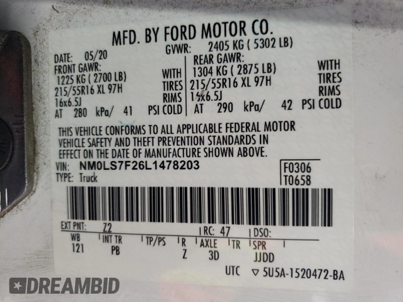 2020 Ford Transit Connect XLT with VIN NM0LS7F26L1478203, listed as a Copart auction lot 58969985 with 311,656 mi miles and Clean title. Bid and sale history available at DreamBid. Image 13.