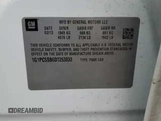 2013 Chevrolet Cruze 1LT with VIN 1G1PC5SB6D7253833, listed as a Copart auction lot 49723535 with 0 mi miles and Salvage Title. Bid and sale history available at carsss.com. Image 14.