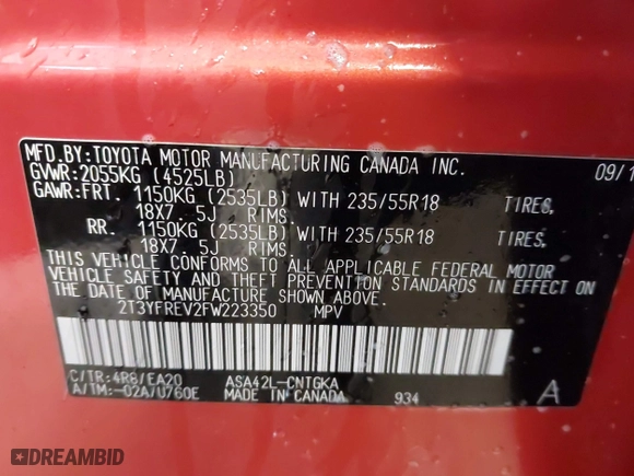 2015 Toyota RAV4 Limited with VIN 2T3YFREV2FW223350, listed as a IAAI auction lot 41554857 with 88,362 mi miles. Bid and sale history available at carsss.com. Image 9.