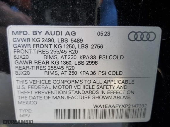 2023 Audi Q5 S line Premium Plus with VIN WA1EAAFYXP2147392, listed as a Copart auction lot 46605995 with 15,507 mi miles and Salvage Title. Bid and sale history available at carsss.com. Image 13.