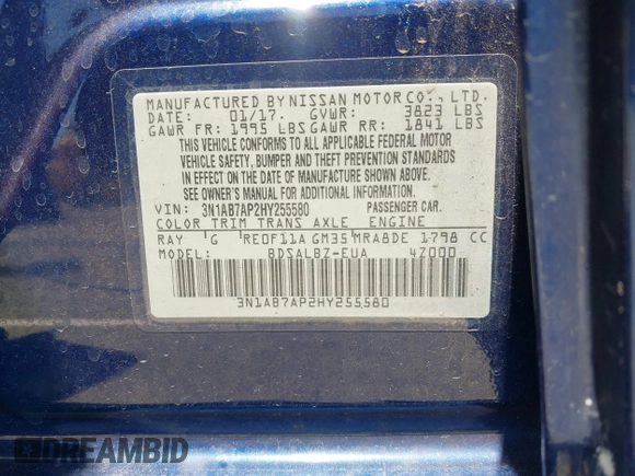 2017 Nissan Sentra S with VIN 3N1AB7AP2HY255580, listed as a IAAI auction lot 42686550 with 127,557 mi miles and . Bid and sale history available at DreamBid. Image 9.