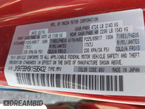 2019 Mazda CX-5 Sport with VIN JM3KFBBM6K1596402, listed as a IAAI auction lot 41971766 with 60,396 mi miles and . Bid and sale history available at DreamBid. Image 9.