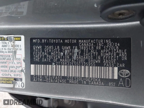 2005 Toyota Corolla CE with VIN 2T1BR32E55C335955, listed as a IAAI auction lot 42709980 with 223,244 mi miles and . Bid and sale history available at DreamBid. Image 9.