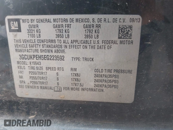 2014 Chevrolet Silverado 1500 Work Truck with VIN 3GCUKPEH5EG223592, listed as a IAAI auction lot 41909067 with 264,330 mi miles and . Bid and sale history available at DreamBid. Image 9.