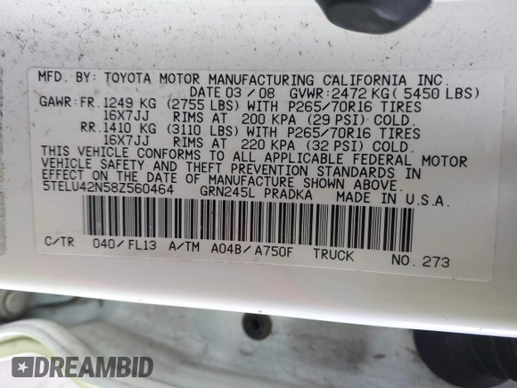 2008 Toyota Tacoma z VIN 5TELU42N58Z560464, wystawiony jako IAAI lot #41698272 z przebiegiem 208 441 mil mil oraz . Historia ofert i sprzedaży dostępna na DreamBid. Obrazek 9.