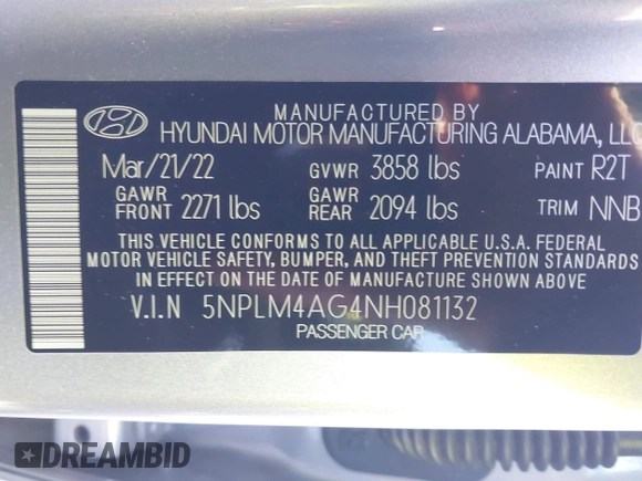 2022 Hyundai Elantra SEL with VIN 5NPLM4AG4NH081132, listed as a IAAI auction lot 41153021 with 22,705 mi miles and . Bid and sale history available at carsss.com. Image 9.