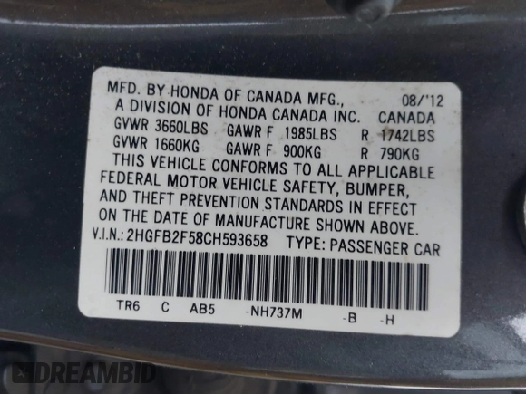 2012 Honda Civic LX with VIN 2HGFB2F58CH593658, listed as a IAAI auction lot 41965400 with 172,340 mi miles and . Bid and sale history available at DreamBid. Image 9.