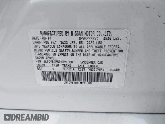 2015 Infiniti Q40 with VIN JN1CV6AR5FM521380, listed as a IAAI auction lot 41024558 with 123,595 mi miles. Bid and sale history available at carsss.com. Image 9.
