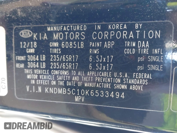 2019 Kia Sedona EX with VIN KNDMB5C10K6533494, listed as a IAAI auction lot 41798853 with 52,114 mi miles. Bid and sale history available at carsss.com. Image 9.