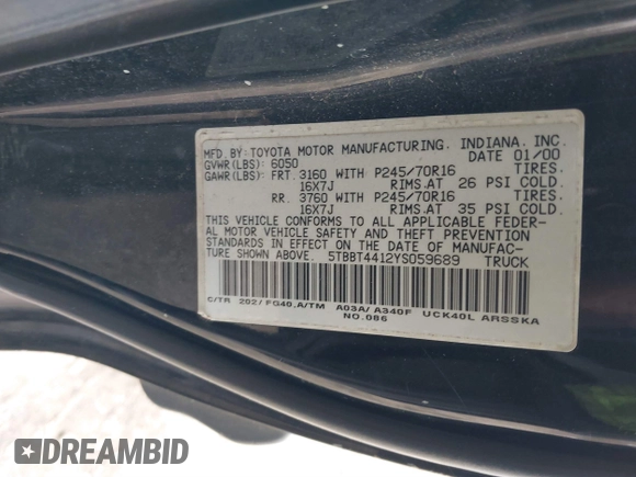 2000 Toyota Tundra SR5 with VIN 5TBBT4412YS059689, listed as a IAAI auction lot 39178034 with 94,741 mi miles and . Bid and sale history available at DreamBid. Image 9.