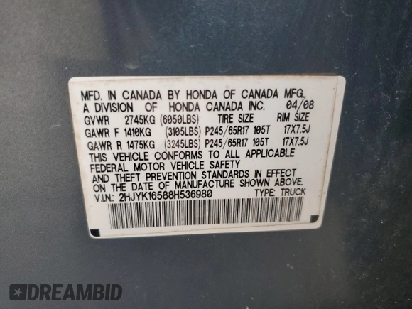2008 Honda Ridgeline RTL with VIN 2HJYK16588H536980, listed as a Copart auction lot 58858975 with 223,614 mi miles and Salvage title. Bid and sale history available at DreamBid. Image 12.
