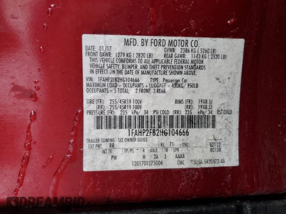 2017 Ford Taurus Limited with VIN 1FAHP2F82HG104666, listed as a Copart auction lot 42833025 with 93,351 mi miles and Salvage title. Bid and sale history available at DreamBid. Image 12.