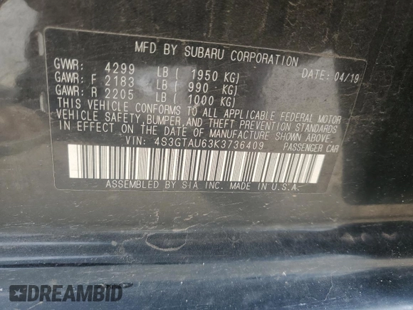 2019 Subaru Impreza Limited with VIN 4S3GTAU63K3736409, listed as a Copart auction lot 55613515 with 65,973 mi miles and Salvage title. Bid and sale history available at DreamBid. Image 12.