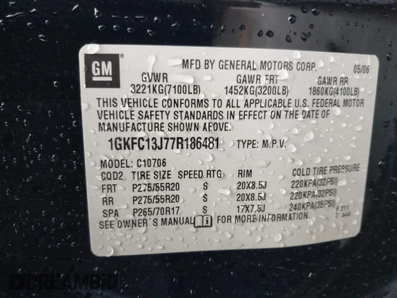 2007 GMC Yukon SLT with VIN 1GKFC13J77R186481, listed as a IAAI auction lot 41923608 with 1 mi miles. Bid and sale history available at carsss.com. Image 9.