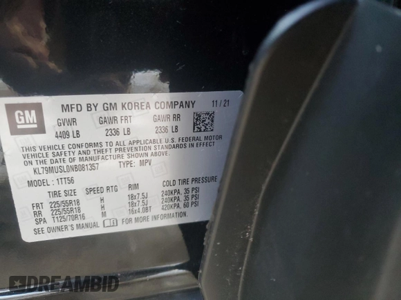 2022 Chevrolet TrailBlazer RS with VIN KL79MUSL0NB081357, listed as a Copart auction lot 43791185 with 39,148 mi miles and Non Repairable. Bid and sale history available at DreamBid. Image 12.