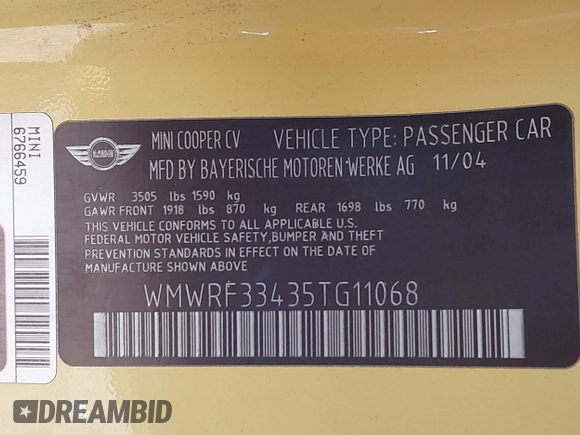 2005 MINI Convertible with VIN WMWRF33435TG11068, listed as a IAAI auction lot 42346035 with 147,367 mi miles and . Bid and sale history available at DreamBid. Image 9.