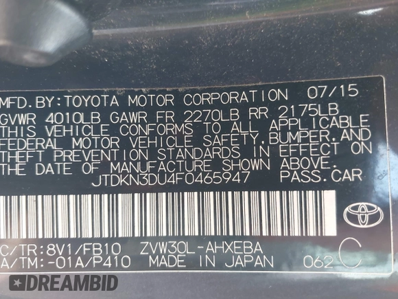 2015 Toyota Prius Four z VIN JTDKN3DU4F0465947, wystawiony jako IAAI lot #42268654 z przebiegiem 69 479 mil mil oraz . Historia ofert i sprzedaży dostępna na DreamBid. Obrazek 9.