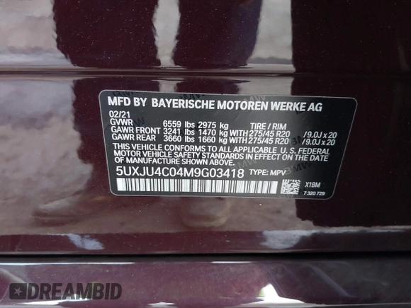 2021 BMW X5 M50i with VIN 5UXJU4C04M9G03418, listed as a IAAI auction lot 40705167 with 24,073 mi miles and . Bid and sale history available at DreamBid. Image 9.