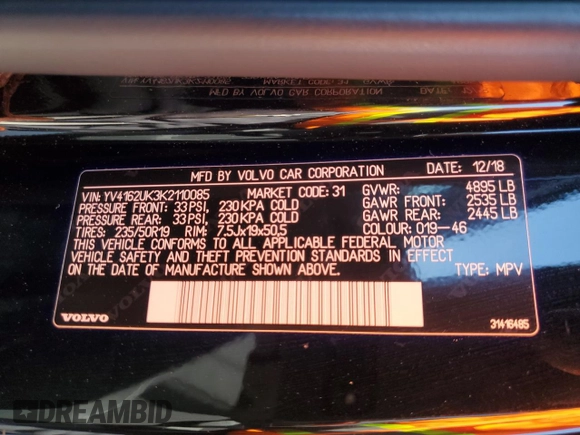 2019 Volvo XC40 Momentum z VIN YV4162UK3K2110085, wystawiony jako Copart lot #54075235 z przebiegiem 32 305 mil mil oraz Szkoda całkowita • Salvage title. Historia ofert i sprzedaży dostępna na DreamBid. Obrazek 14.