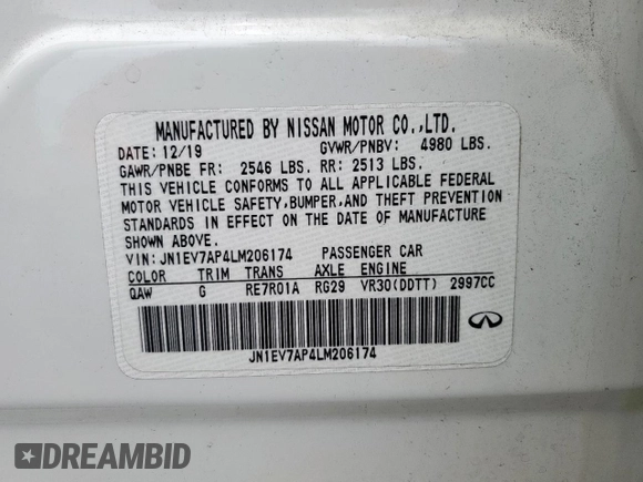 2020 Infiniti Q50 Luxe with VIN JN1EV7AP4LM206174, listed as a Copart auction lot 62498325 with 58,993 mi miles and Salvage title. Bid and sale history available at DreamBid. Image 12.